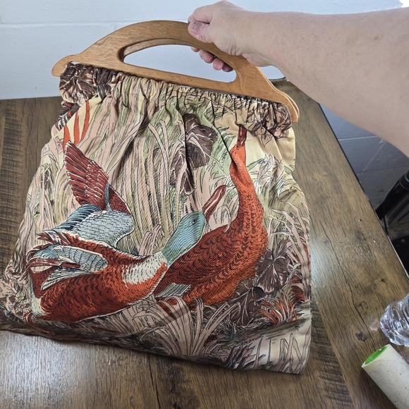 Vtg 70s Wood Handle Duck Fabric Large Handbag - Picture 5 of 8